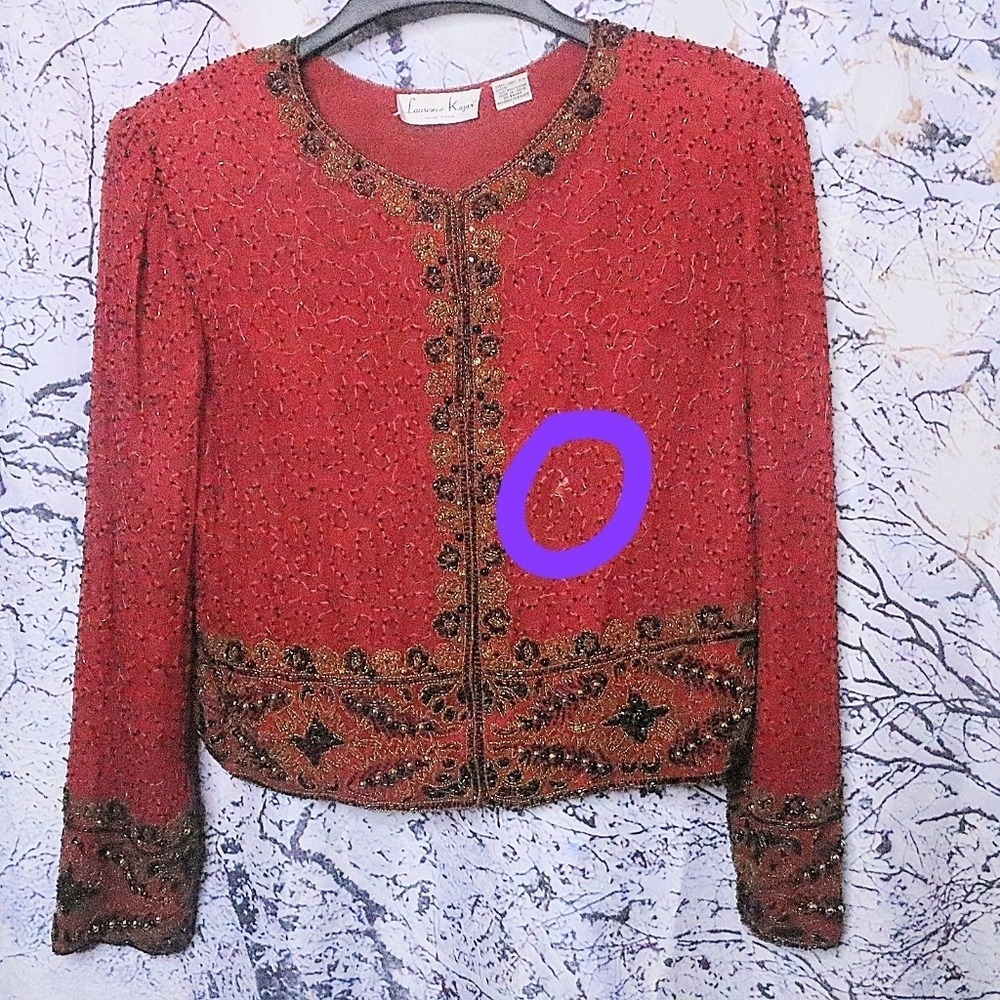 RED BEADED JACKET L Lawrence Kazar Vintage 80s 90s Formal 100% Silk Fall Winter - Picture 8 of 8